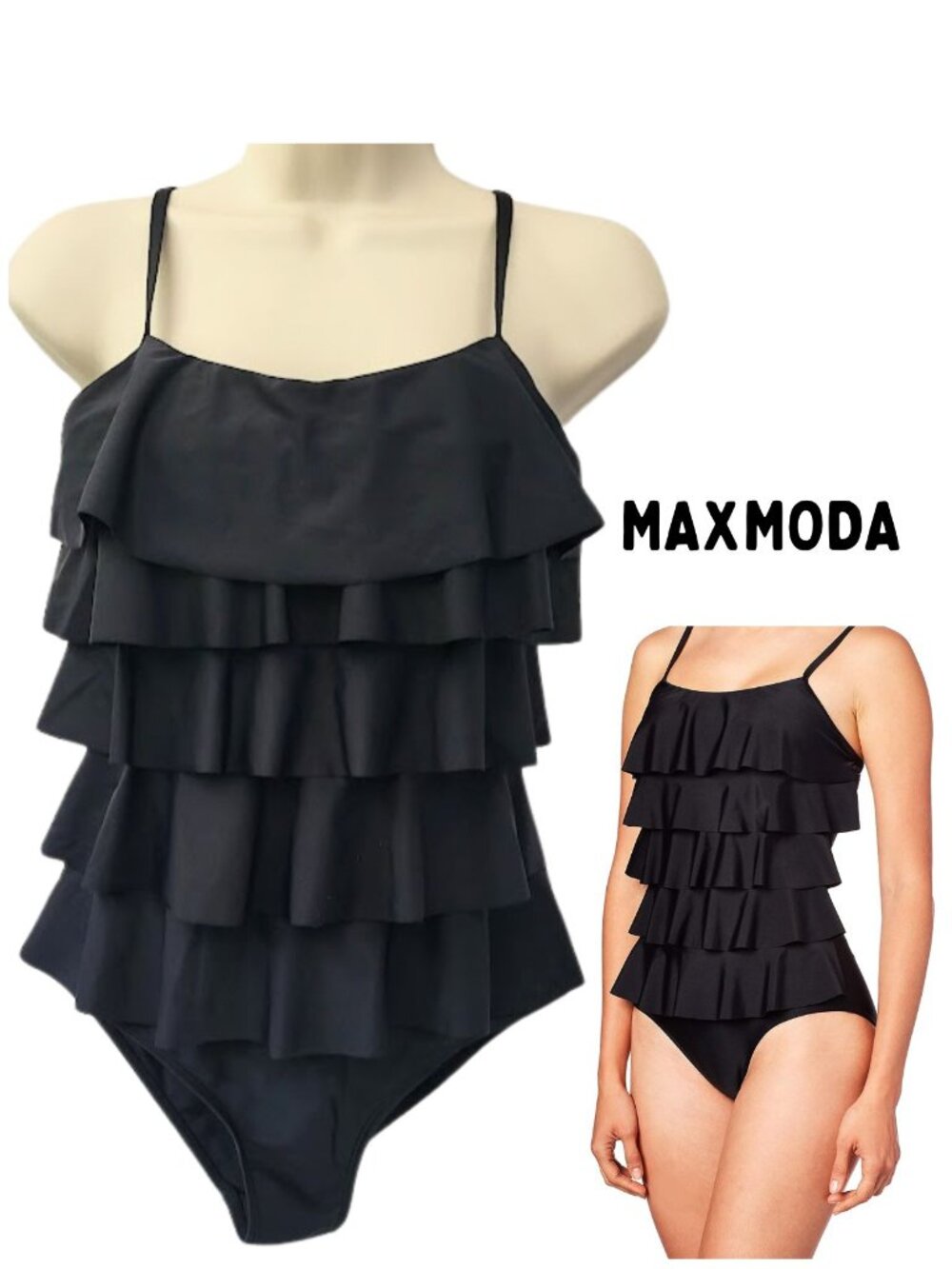 MAXMODA Black Ruffled Front One Piece Swimsuit Adjustable Straps  - Women's M